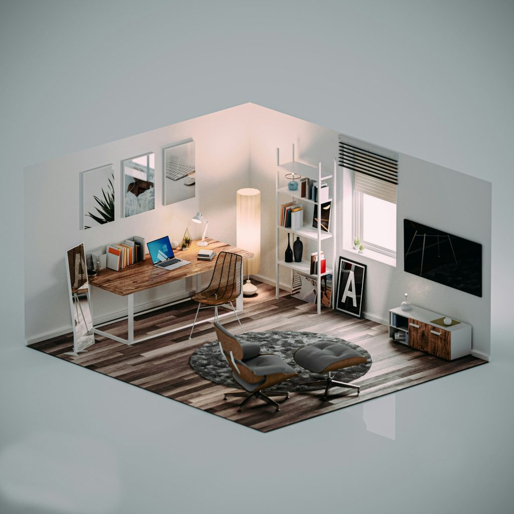 un salon avec une chaise et un bureau